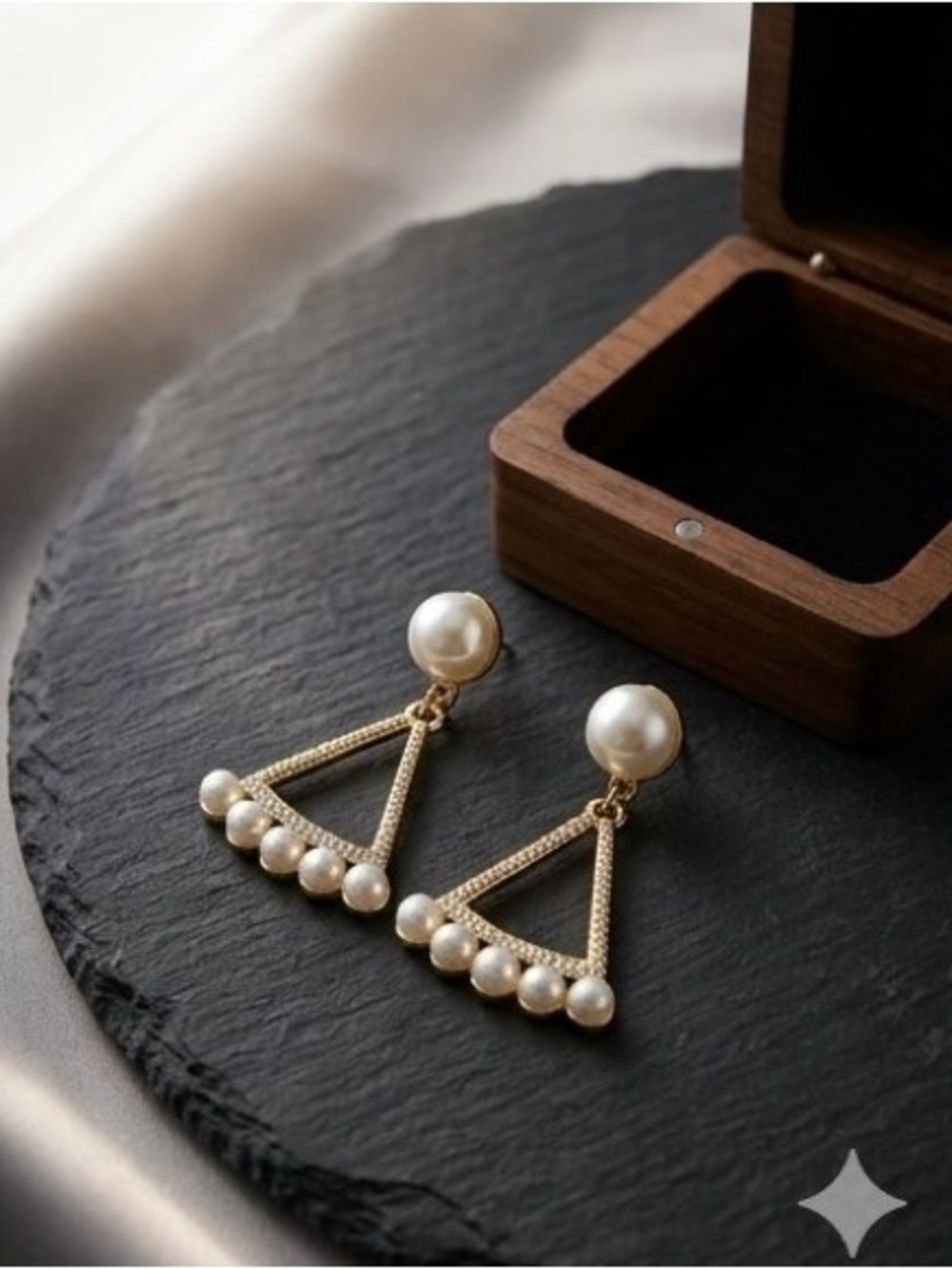 Gold Triangle Pearl Drop Earrings - White Pearls